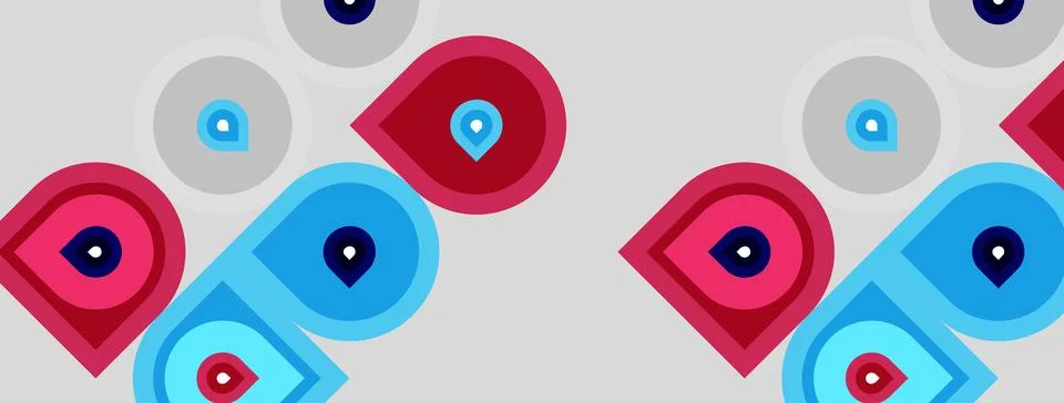Pattern features repeating circles, squares. Red, blue hues dominate design. Stock Illustration