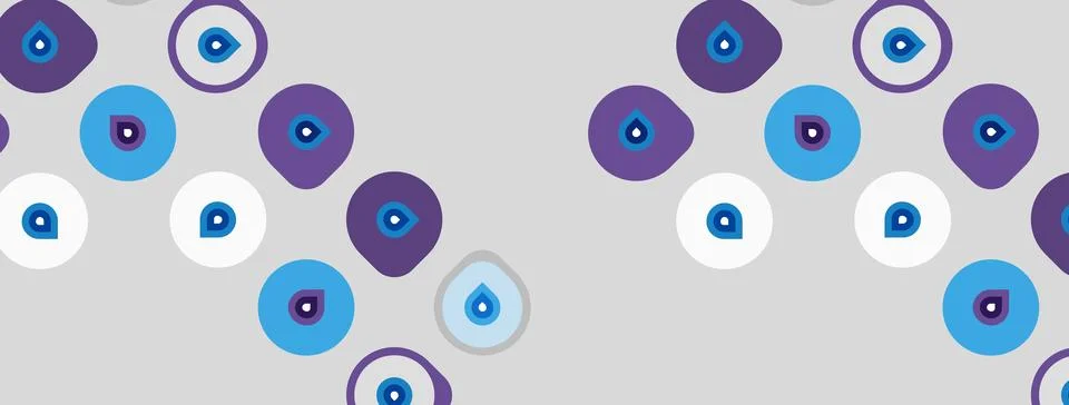 Pattern features repeating eye motifs. Purple, blue, white circles contain Stock Illustration