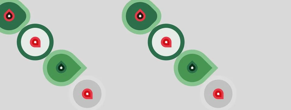 Pattern features repeating shapes. Green circles contain red droplets, white Stock Illustration