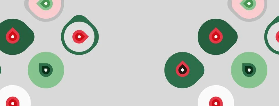 Pattern features rounded shapes, green, pink, gray colors. Red droplet inside Stock Illustration