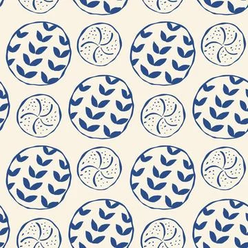 A pattern featuring blue circular motifs in the shape of various types of bre Stock Illustration