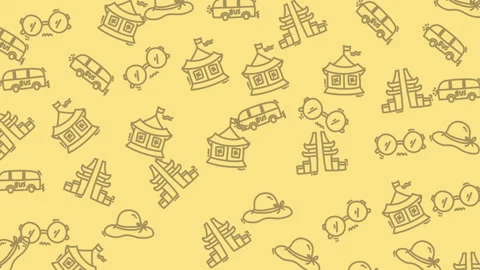 Pattern featuring buses, hats, ferris wheels, and buildings. Ideal for graphic d Stock Footage 324506982