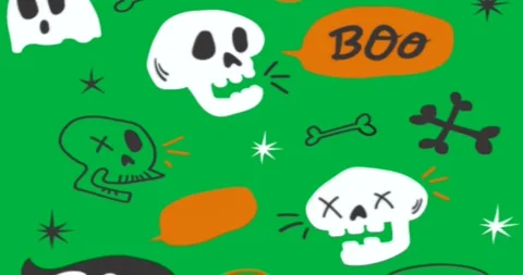 Pattern featuring cartoon skulls, bones and BOO speech bubbles on transparent Stock Footage 317527413