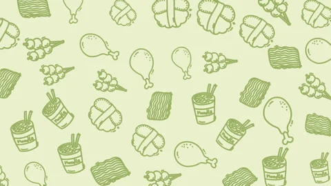 Pattern featuring chicken and sushi, ideal for menu designs, food blogs, restaur Stock Footage 324604264