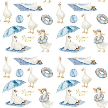 Pattern featuring geese enjoying summer activities in a cheerful design Stock Illustration