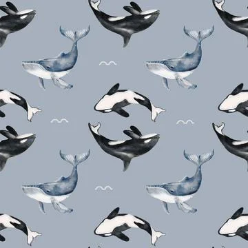 Pattern featuring orcas and seals in a vibrant textile design for wrapping .. Stock Illustration