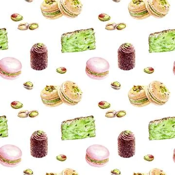 Pattern featuring Pistachio Macarons, Cake Slices, and Pastries laid out on a Illustrazione stock