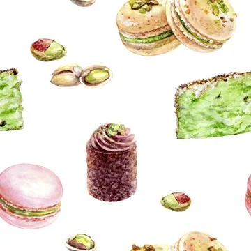 Pattern featuring Pistachio Macarons, Cake Slices, and Pastries laid out on a Stock Illustration