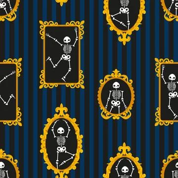 A pattern featuring skeletons in vintage frames against a striped background Stock Illustration