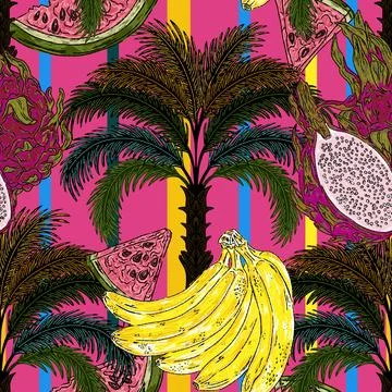 Pattern featuring tropical fruits and palm, banana, watermelon, pitaya and ex Stock Illustration