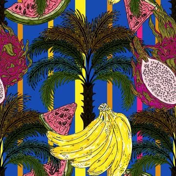 Pattern featuring tropical fruits and palm, banana, watermelon, pitaya and ex Stock Illustration