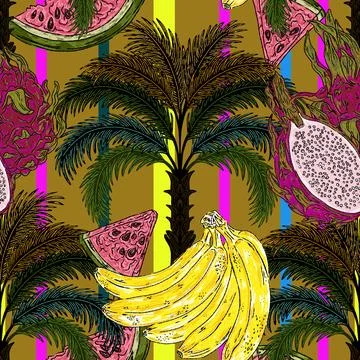 Pattern featuring tropical fruits and palm, banana, watermelon, pitaya and ex Stock Illustration
