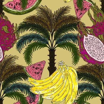 Pattern featuring tropical fruits and palm, banana, watermelon, pitaya and ex Stock Illustration