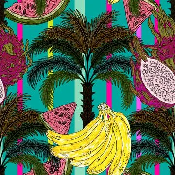 Pattern featuring tropical fruits and palm, banana, watermelon, pitaya and ex Stock-Illustration