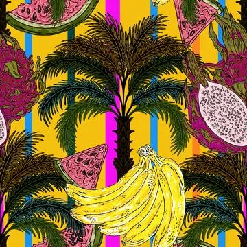 Pattern featuring tropical fruits and palm, banana, watermelon, pitaya and ex Stock Illustration