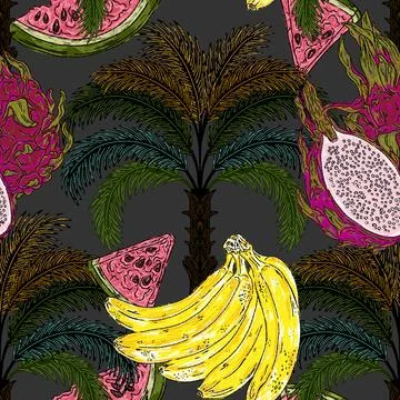 Pattern featuring tropical fruits and palm, banana, watermelon, pitaya and ex Stock Illustration