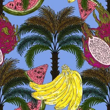 Pattern featuring tropical fruits and palm, banana, watermelon, pitaya and ex Illustrazione stock