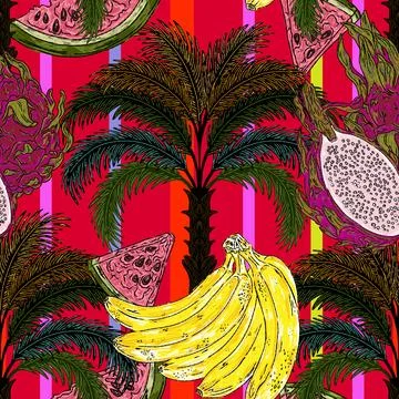 Pattern featuring tropical fruits and palm, banana, watermelon, pitaya and ex Stock Illustration