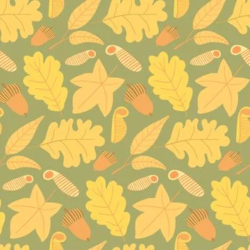 Pattern featuring yellow oak leaves and acorns, perfect for autumnal designs Stock Illustration