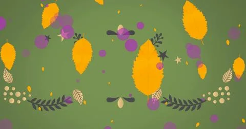 Pattern featuring yellow-orange leaves, purple circles and navy stems on solid Stock Photos