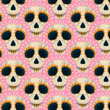 Pattern with a female skull and pink flowers, DIA DE LOS MUERTOS holiday. Stock Illustration