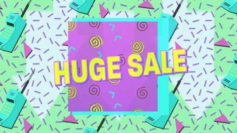 Pattern filling frame, purple panel emerging, yellow HUGE SALE sliding and Stock Footage 326974043