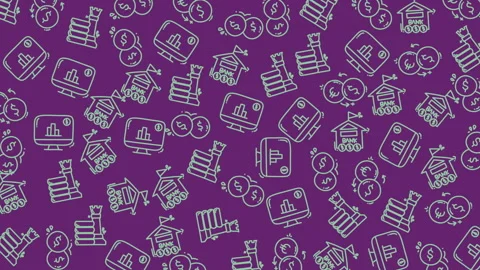 Pattern of financial icons including coins, wallets, and banknotes on purpl.. Stock Footage 320335539