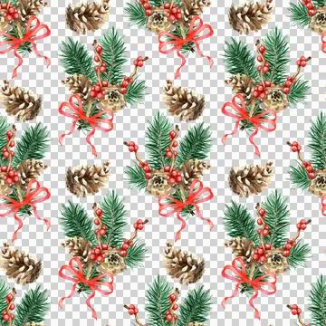 Pattern of fir branches with chicks and red berries watercolor Stock Illustration