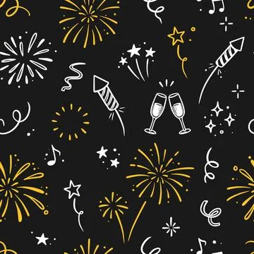 Pattern firework new year. Sparkling firework pattern with gold spark, star, and Illustrazione stock