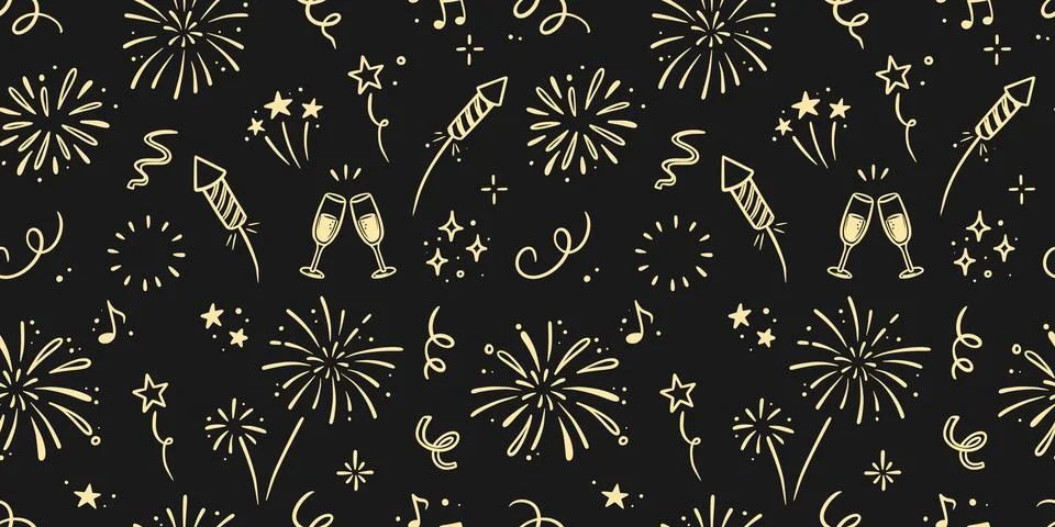 Pattern firework new year. Sparkling firework pattern with gold spark, star, and Illustrazione stock