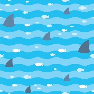 Pattern fish and fins sharks swimming in blue sea. Sharks pattern Stock Illustration