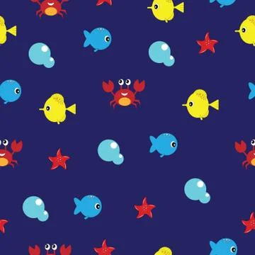The pattern  (fish, crab, bubble, stallion, starfish) on a dark blue background. 스톡 일러스트