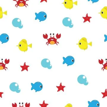 Pattern  (fish, crab, bubble, stallion, starfish) on a white background Stock Illustration