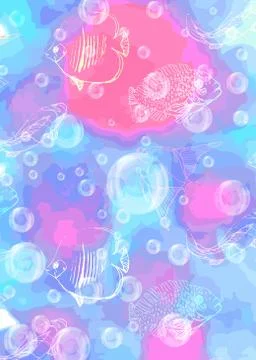 Pattern from fish of different species and transparent bubbles on the backgro 库存插图