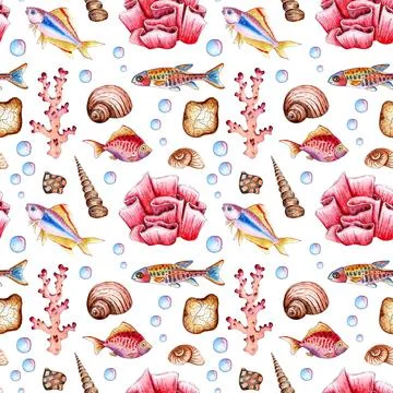 Pattern of fish, shells, corals Illustrazione stock