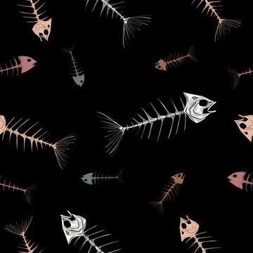 Pattern of fish skeletons on a black background 스톡 일러스트