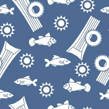 Pattern with fish, sun, inflatable mattress. Stock Illustration