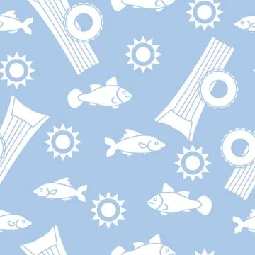 Pattern with fish, sun, inflatable mattress. Stock Illustration