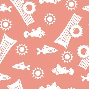 Pattern with fish, sun, inflatable mattress. Stock Illustration