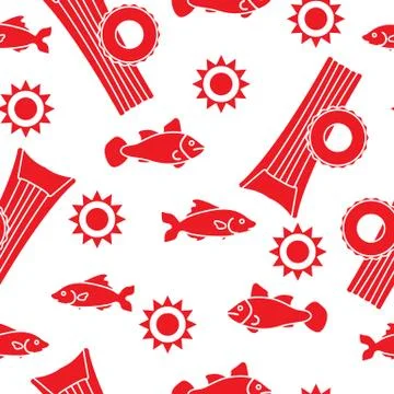 Pattern with fish, sun, inflatable mattress. Stock Illustration