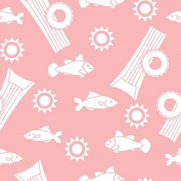 Pattern with fish, sun, inflatable mattress. Stock Illustration