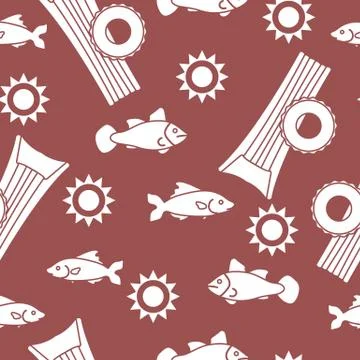 Pattern with fish, sun, inflatable mattress. Stock Illustration