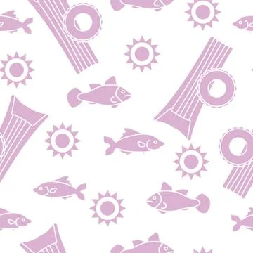 Pattern with fish, sun, inflatable mattress. Stock Illustration