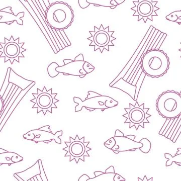 Pattern with fish, sun, inflatable mattress. Stock Illustration
