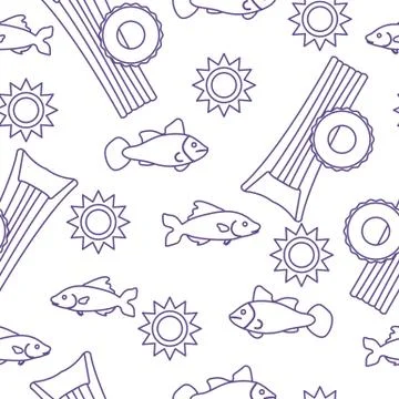 Pattern with fish, sun, inflatable mattress. Stock Illustration