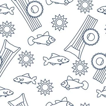 Pattern with fish, sun, inflatable mattress. Stock Illustration