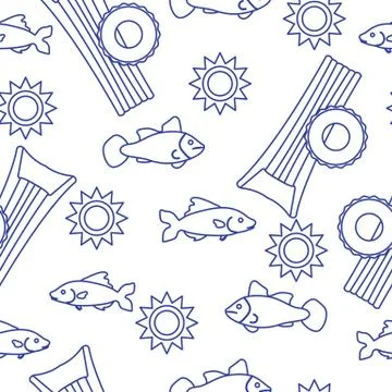Pattern with fish, sun, inflatable mattress. Stock Illustration