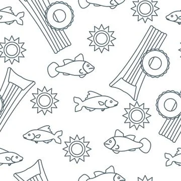 Pattern with fish, sun, inflatable mattress. Stock Illustration