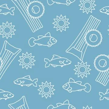 Pattern with fish, sun, inflatable mattress. Stock Illustration