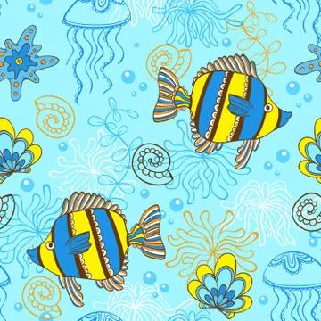 Pattern with fishes and shells 스톡 일러스트